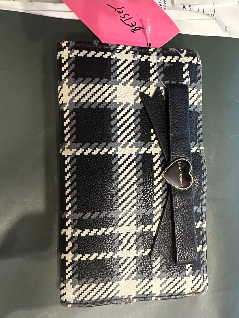 Betsey Johnson Black and White Plaid Bow Heart Accent Wallet